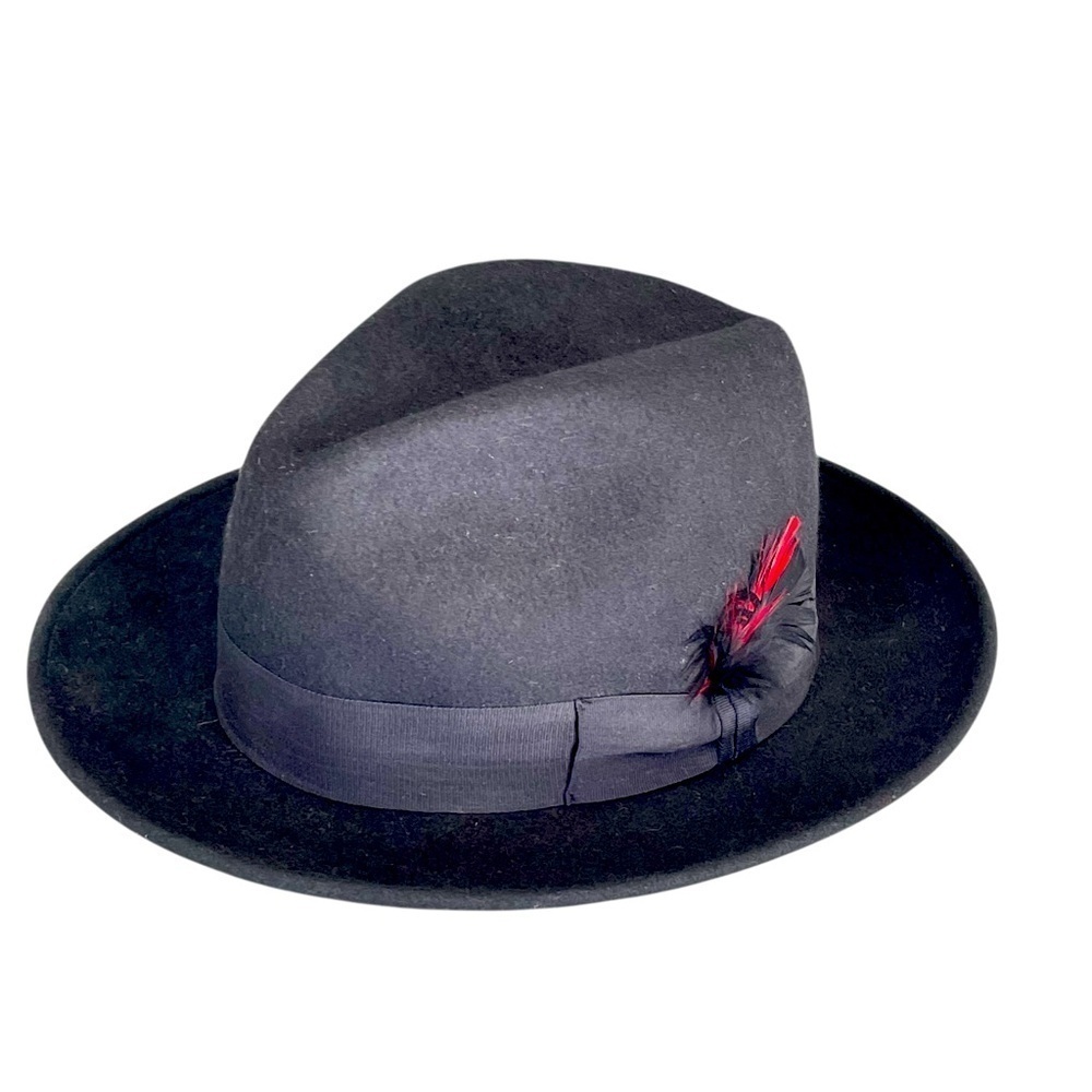 K-Hat 100% Wool Black Fedora with Feather – Size Large 24” circumference